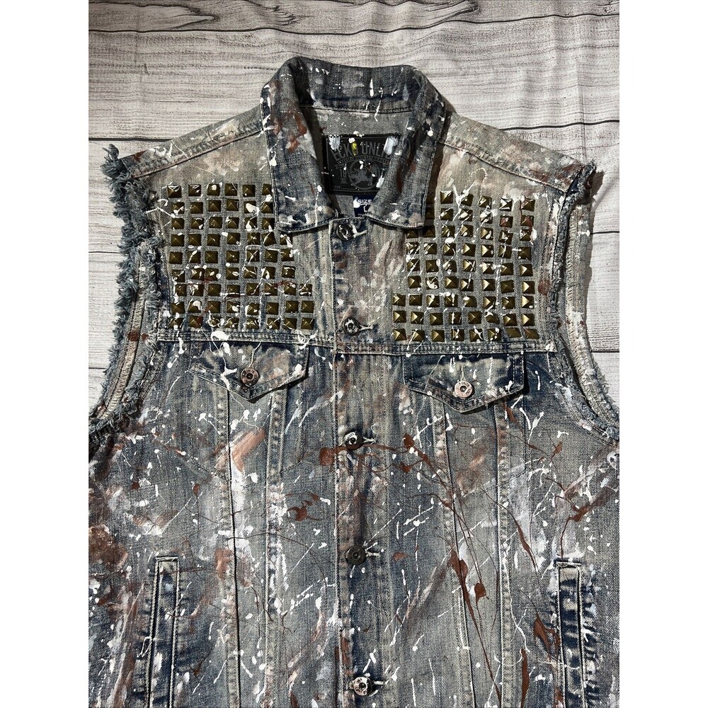 Y2k Ecko Unlimited Trucker Denim Vest Moto 90s Paint Splatter Grunge - Picture 5 of 11